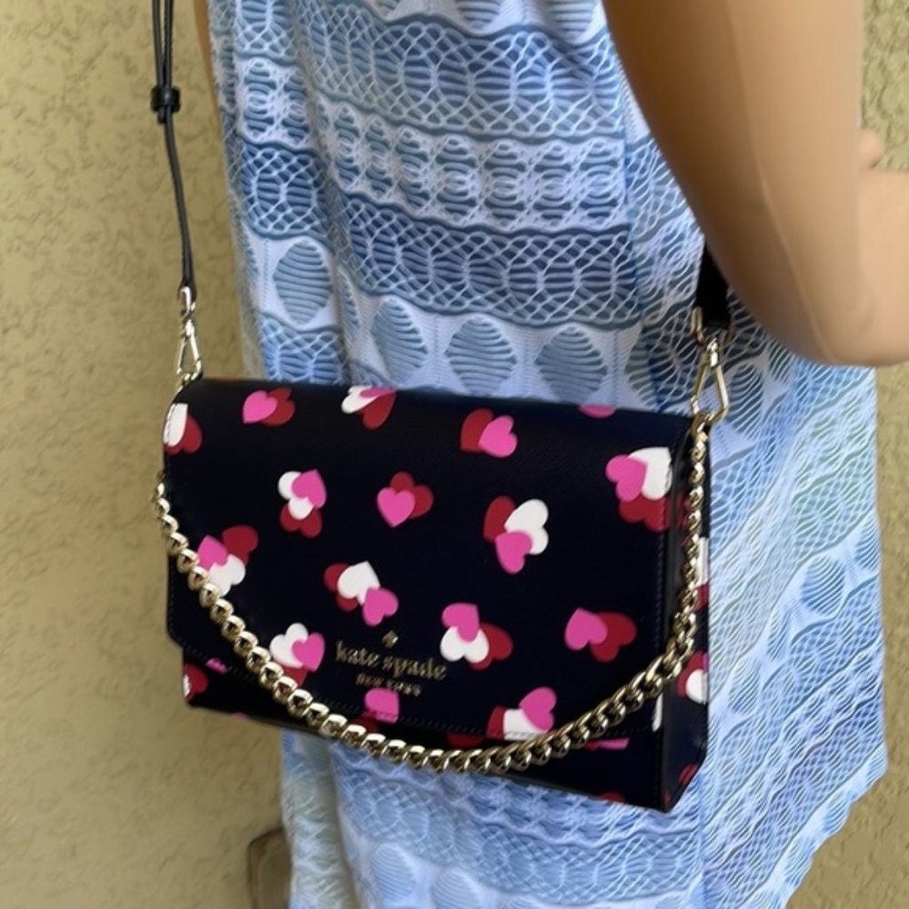 Kate Spade Carson Flutter Hearts Printed Convertible Crossbody Black Multi - Picture 13 of 14